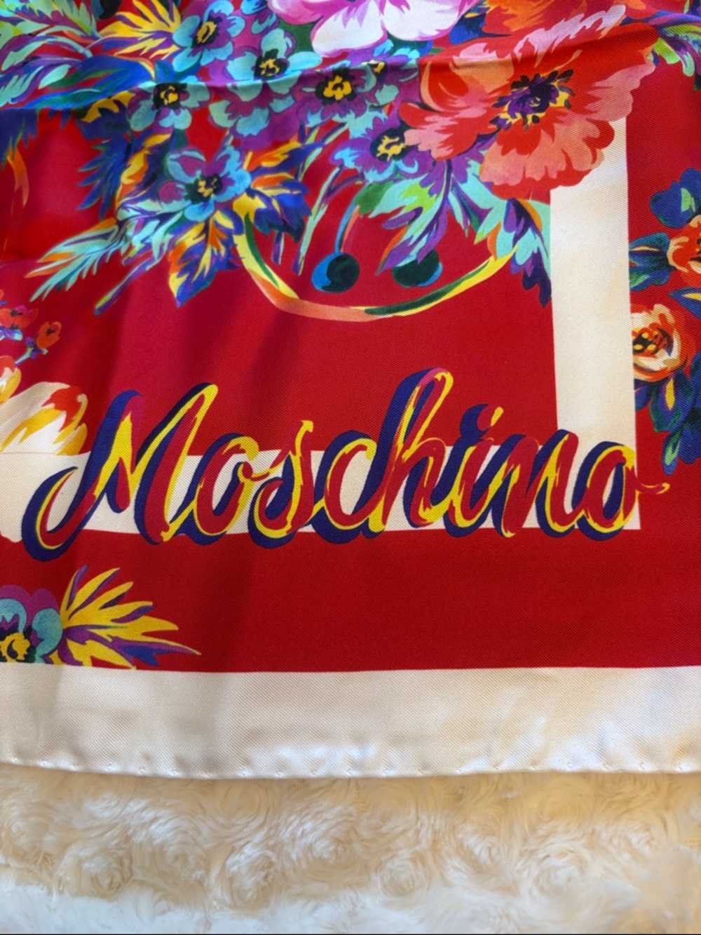 Moschino Red Floral Silk Scarf with Multicolor Botanicals NEW - Picture 5 of 8